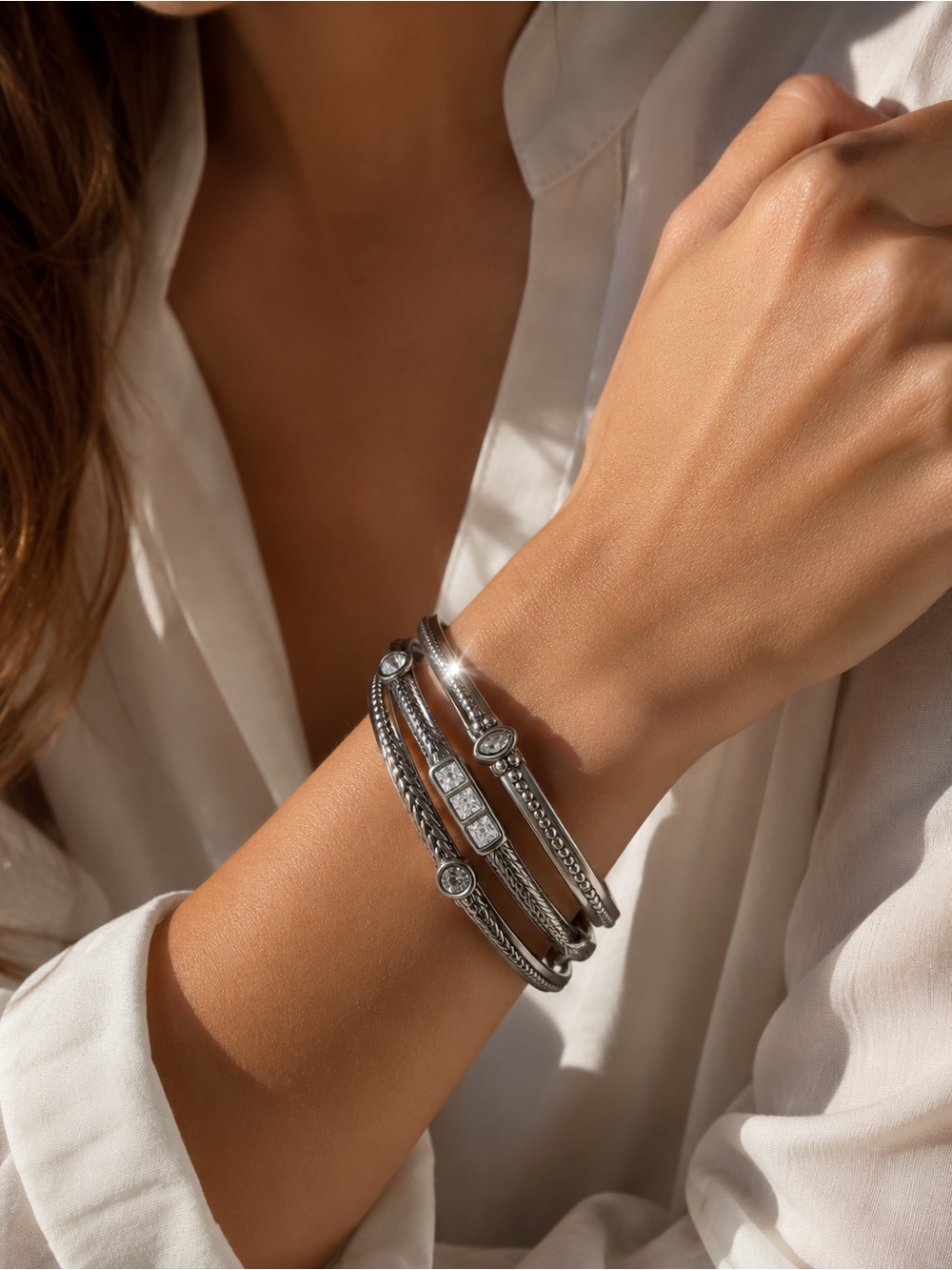 Lia Sophia Marais Crystal Bangle Bracelet Set Silver Tone NIB Retired